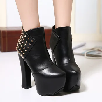 Sexy Rivets Nightclub Pumps Black 2016 Winter Hot Selling Platform Ankle Boots Waterproof Shoes Female 14CM Short Boots