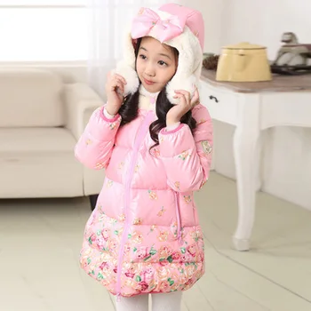 Children winter jackets for girls winter child wadded jacket baby girl thermal thickening hood medium-long coat Floral jacket