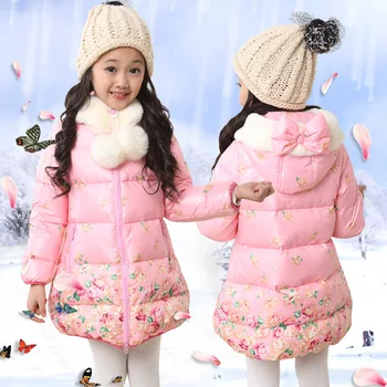 Children winter jackets for girls winter child wadded jacket baby girl thermal thickening hood medium-long coat Floral jacket
