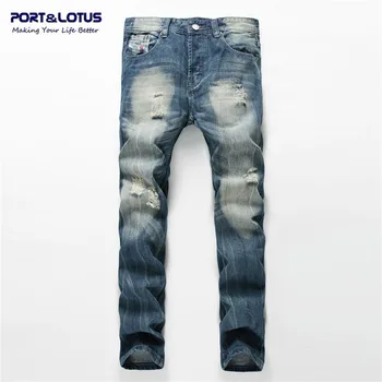 Port&Lotus Men's Button Fly Jeans Light Blue Hole Jeans Moustache Effect Biker Men Pants Casual Male TrousersTX018