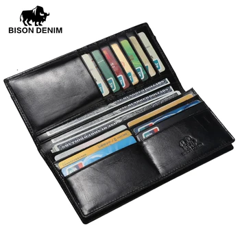 BISON DENIM 2016 New Design Genuine leather guarantee long Wallet Men High Grade Cowskin purses Brand men Clutch Wallets W4406-1