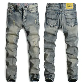 Italian Fashion Designer Mens Jeans Retro Color Ripped Distressed Jeans Men Famous Brand Casual Denim Biker Jeans