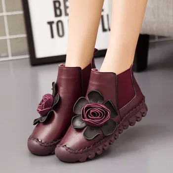 2017 Winter Boots Flowers New Women's Leather Boots Plus Velvet Warm Round Toe Round Female Boots Genuine Leather A517