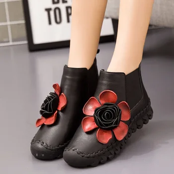 2017 Winter Boots Flowers New Women's Leather Boots Plus Velvet Warm Round Toe Round Female Boots Genuine Leather A517