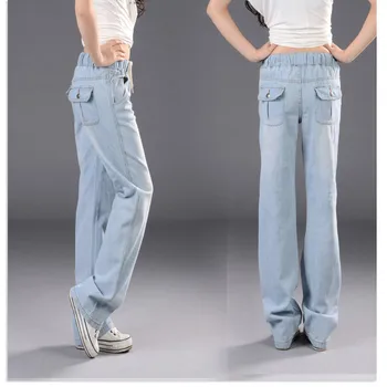 2017 New Autumn Pants Women Loose Elastic Waist Drawstring Fat Jeans Straight Legged Casual Denim Pants Trousers Plus Size