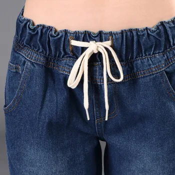 2017 New Autumn Pants Women Loose Elastic Waist Drawstring Fat Jeans Straight Legged Casual Denim Pants Trousers Plus Size