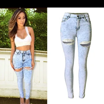 ForeMode Women Pencil Jeans Casual Ripped Hole Denim Jeans Women Vintage High Waist Stretch Skinny Pencil Pants Women Slim Jeans