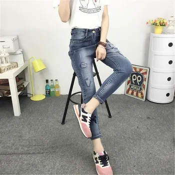 The new spring and summer 2016 Korean female feet slim hole jeans pants nine loose pants casual Haren
