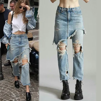 Fashion Ladies Cropped Flare Distressed Jeans Women Vintage Fringe Edges Tassels Ripped Jeans Femme Denim Pants with Hole
