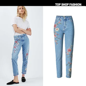Europe Women 's High Waist Pencil Jeans 3D Front And Rear Side Embroidery Slim Wild Cowboy Nine Feet Pants Casual Trousers