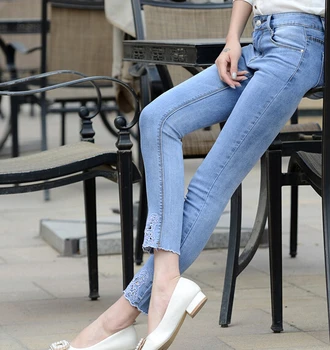 Plus size cotton blend jeans casual capris denim mid waist hollow out pants female summer spring autumn yss0602