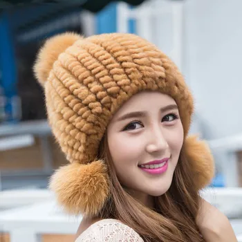 Autumn winter optimal Real mink fur hat knitted ear protector hats for girls
