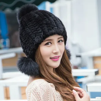 Autumn winter optimal Real mink fur hat knitted ear protector hats for girls