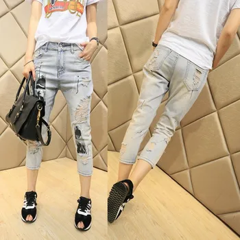 2016 new summer leisure pants female Korean Haren stamp hole all-match slim slim jeans seven