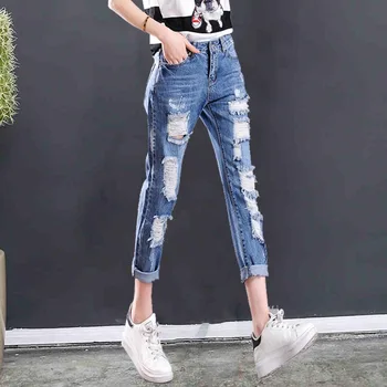 Summer Korea Plus Size Loose Ripped Broken Woman White Jeans With Holes Pencil Harem Denim Jean Femme Cropped Pant 6XL XXS 7XL