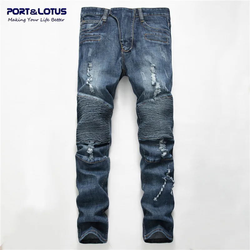 Port&Lotus Men Elastic Jeans Motorcycle Long Trousers Pleated Casual Regular Men's Pants Locomotive Male Clothing TX016 1381