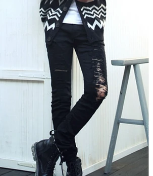 Arrival Men's Punk Harajuku Black Slim Skinny Jeans Casual Hole Ripped Excellent Designer Korea Pencil Pants Elastic