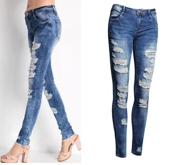2017 Hot Fashion Ladies Cotton Denim Pants Stretch Womens Bleach Ripped Skinny Jeans Denim