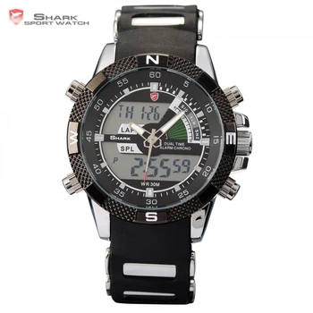 New SHARK Sport Watch Brand Analog Dual Time Stopwatch Alarm Silicone Strap Black Quartz Relogio Men Digital Timepiece / SH042