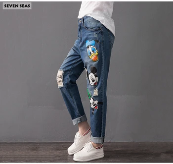 Super 2016 New Plus size Cartoon Print Jeans Patchwork Blue Oversized Loose Jeans Femme boyfriend jeans for women Vaqueros mujer