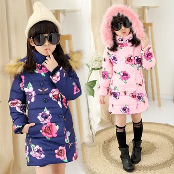 2016 Winter Girls Long Cotton-Padded Parkas Fur Hooded, Flower Girls Winter Coat,Thick Winter Jacket For Girls, Height 110-150cm