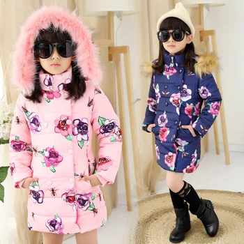 2016 Winter Girls Long Cotton-Padded Parkas Fur Hooded, Flower Girls Winter Coat,Thick Winter Jacket For Girls, Height 110-150cm