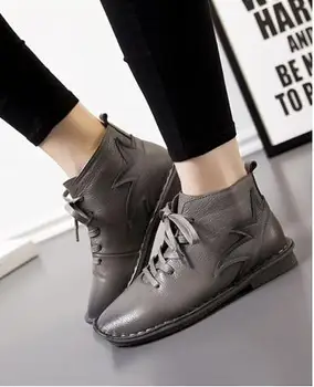 Real Leather Lace-up Women's Boots 2017 Fashion Women Boots Round Toe Flat Shoes Bottes Femmes Autumn And Winter Boots 1801