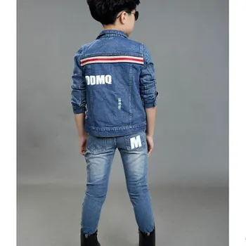 New 2016 Design Boys Skinny Jeans Suit Brand Cowboy Children Denim Jacket Tracksuit Boys Spring Jeans Sports Clothing Set, C280