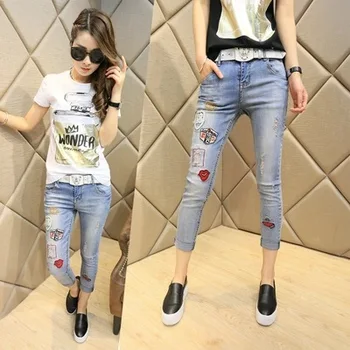 The new spring and summer 2016 Korean female fashion white jeans slim slim patch pencil pants nine feet