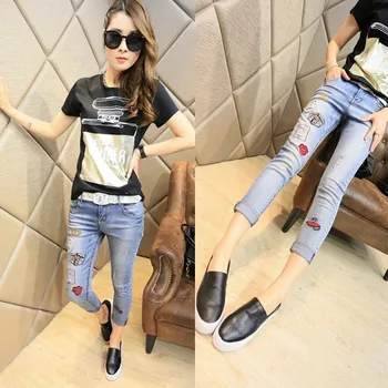 The new spring and summer 2016 Korean female fashion white jeans slim slim patch pencil pants nine feet