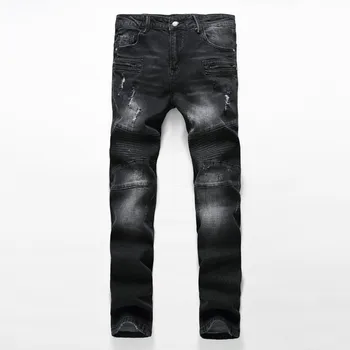 Fashion mens jeans Slim Fit Pleated skinny jeans men Biker jeans Denim Joggers Pants Male Brand Designer men's jeans Trousers
