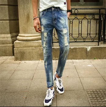 2016 New Men's fashion holes patch ripped jeans Male casual stretch denim pants Blue trousers Size 27-33