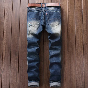 Men's fashion badge patch holes ripped jeans Casual slim straight denim pants Long trousers
