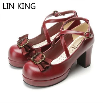 LIN KING Fashion Sweet Bowtie Women Shoes Solid PU Leather Platform Lolita Cosplay Shoes Square Heels Round Toe Princess Shoes