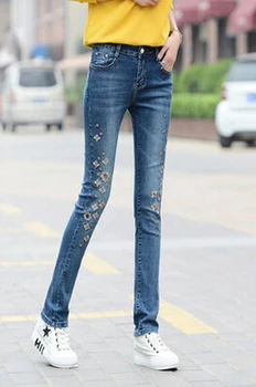 Embroidery pants for women plus size denim jeans casual skinny pencil pants slimming autumn spring female trousers pxn0601