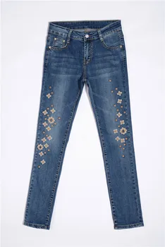 Embroidery pants for women plus size denim jeans casual skinny pencil pants slimming autumn spring female trousers pxn0601