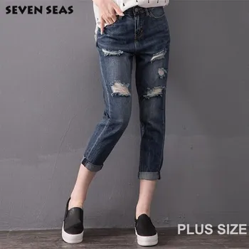 2016 New Fashion Classic Dark Blue Ripped Jeans for Women Plus size Slim Distressed Jeans Femme Vaqueros mujer