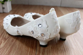 Lace flower white wedding shoes for woman small low high med heels TG452 handmade female ladies dance party bridal shoes