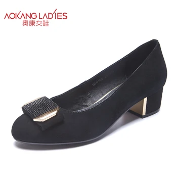 AOKANG 2016 autumn Women mature shoes split sheep leather low heeled lady shoes black grey blue slip-on casual shoe female shoes