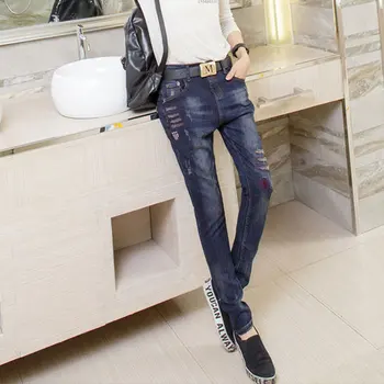 In the spring of 2016 new Korean female jeans wear white Haren feet painted denim trousers