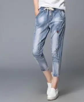 Harem pants for woman plus size denim jeans hole elastic waist summer autumn spring high waist cotton blend casual dyf0601