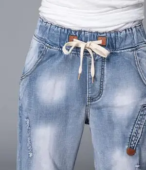 Harem pants for woman plus size denim jeans hole elastic waist summer autumn spring high waist cotton blend casual dyf0601