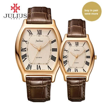 Julius JA-703 Lover Couple's Watch Classic Roman Numbers Pair Watches for Valentine's Gift Tonneau Shape Leather Strap Watch Uhr