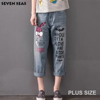 Super 2016 New Fashion Plus size Print Cartoon Jeans Blue Wide Leg Jeans Femme Baggy boyfriend jeans for women Vaqueros mujer
