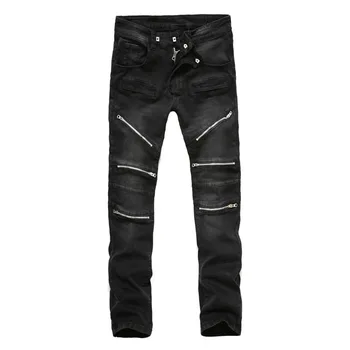 Famous designer black cotton biker jeans with zipper Slim Fit Motorcycle Jeans Men Vintage jeans pants M11
