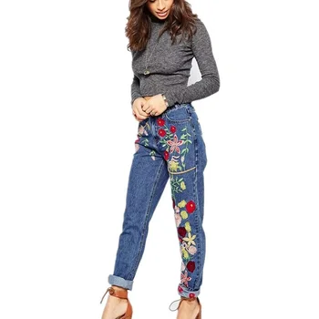 Flower Embroidered Denim Jeans Jeans with High Waist Blue Women's Jeans Slim Straight New Women's Pants Size:S-L