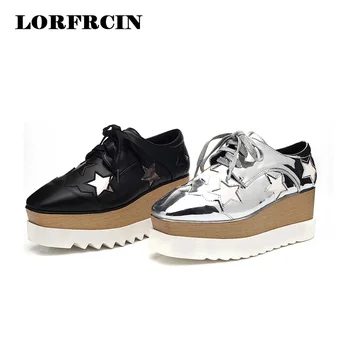 LORFRCIN 2017 Creepers Black Silver Shoes Woman Oxfords Women Brogue Shoes Lace Up Platforms Shoes Women Casual Wedges Flats