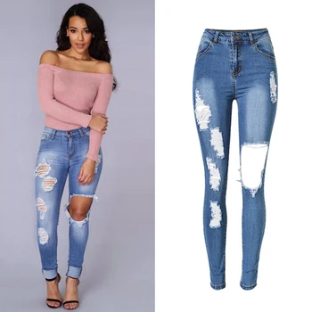 Slim Fit High Waist Stretch Women Jeans High Fashion Denim Pants With Hole Trousers US Style Women Clothing S2382