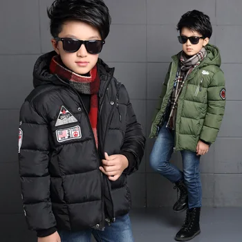 Boys Chest Labeling Design Handmade Cotton Coat Children Fall and Winter Fill Cotton Hooded Warm Cuff Fashion Coat