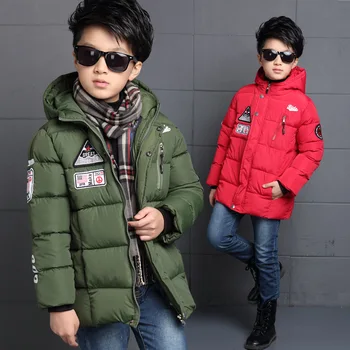 Boys Chest Labeling Design Handmade Cotton Coat Children Fall and Winter Fill Cotton Hooded Warm Cuff Fashion Coat